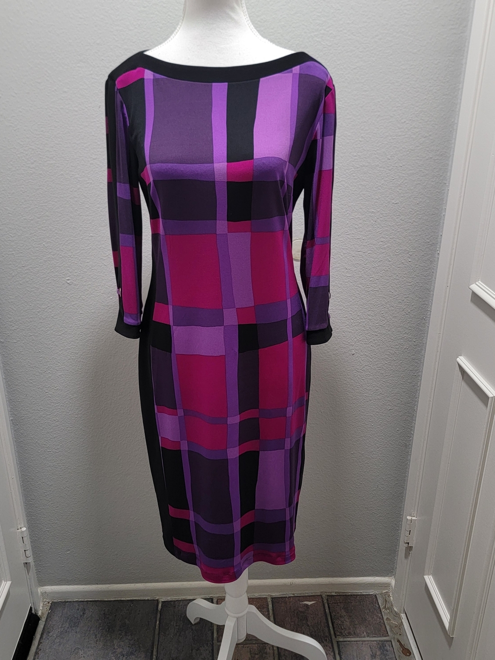 Joseph Ribkoff Purple Plaid 3/4 Sleeve Seath Dress